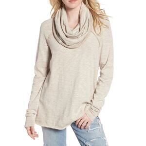 FREE PEOPLE Top OS FP Beach Cocoon Cowl Neck Heather Cotton Long Sleeve Beige